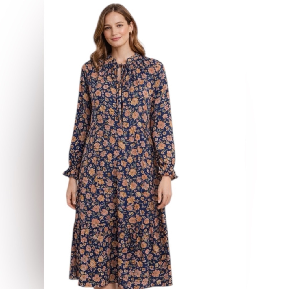Levi’s Floral Long Sleeve Midi Dress Navy Blue XL Boho Tie Neck